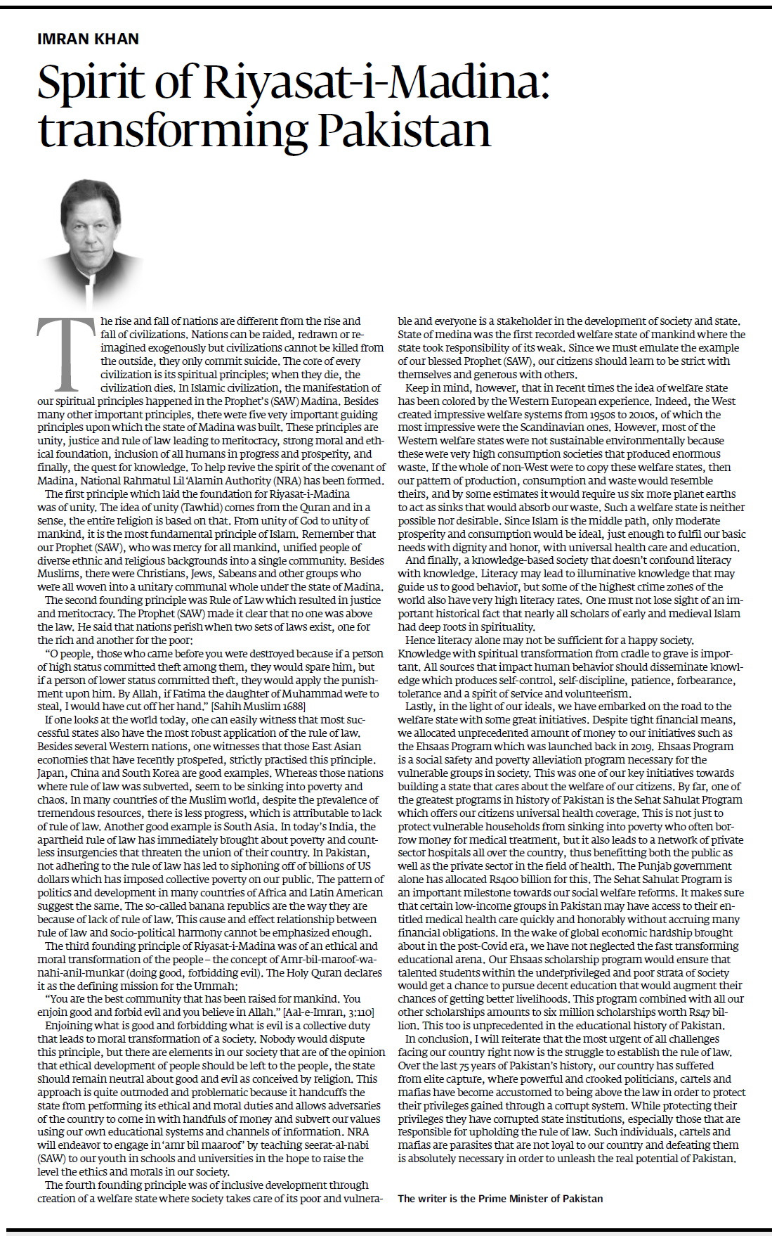 The article of Prime Minister Imran Khan on Spirit of Riyasat-i-Madina: Transforming Pakistan.