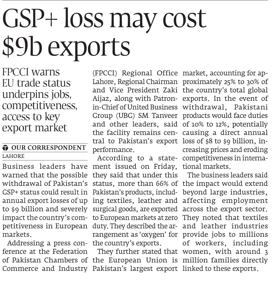 Pakistan business leaders discussing economic impact of GSP Plus withdrawal
