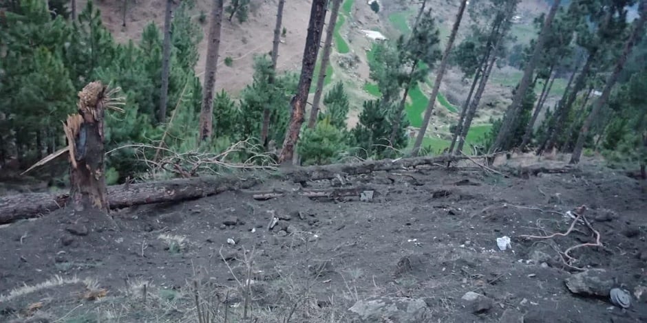 General view of a site after the Indian military aircrafts released payload in Balakot, Pakistan. PHOTO: ISPR