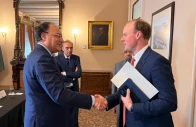 minister for finance and revenue senator muhammad aurangzeb shakes hands withdeputy secretary at the united states department of the treasury francis brooke on the sidelines of the world bank imf spring meetings in washington dc photo x