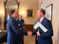 minister for finance and revenue senator muhammad aurangzeb shakes hands withdeputy secretary at the united states department of the treasury francis brooke on the sidelines of the world bank imf spring meetings in washington dc photo x