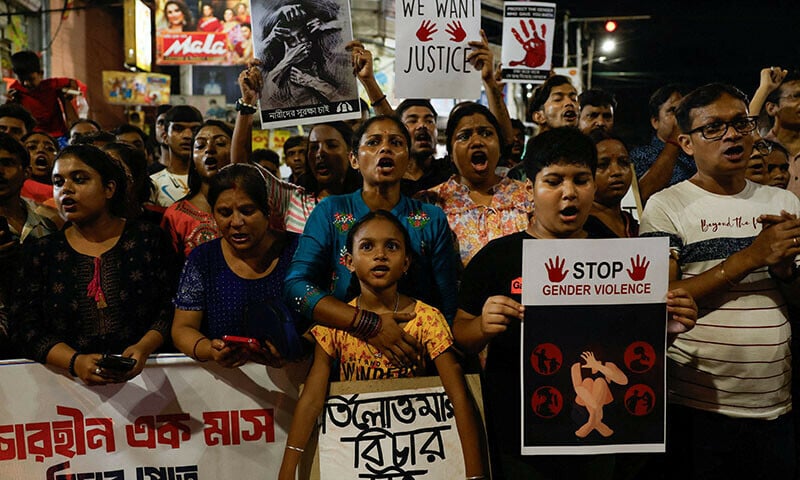 people chant slogans as they participate in a protest condemning and marking one month since the rape and murder of a trainee medic at a government run hospital in kolkata india on september 8 photo reuters