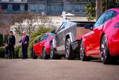 president donald trump accompanied by elon musk and musk s son speaks next to tesla vehicles on the south lawn of the white house in march 2025 getty images