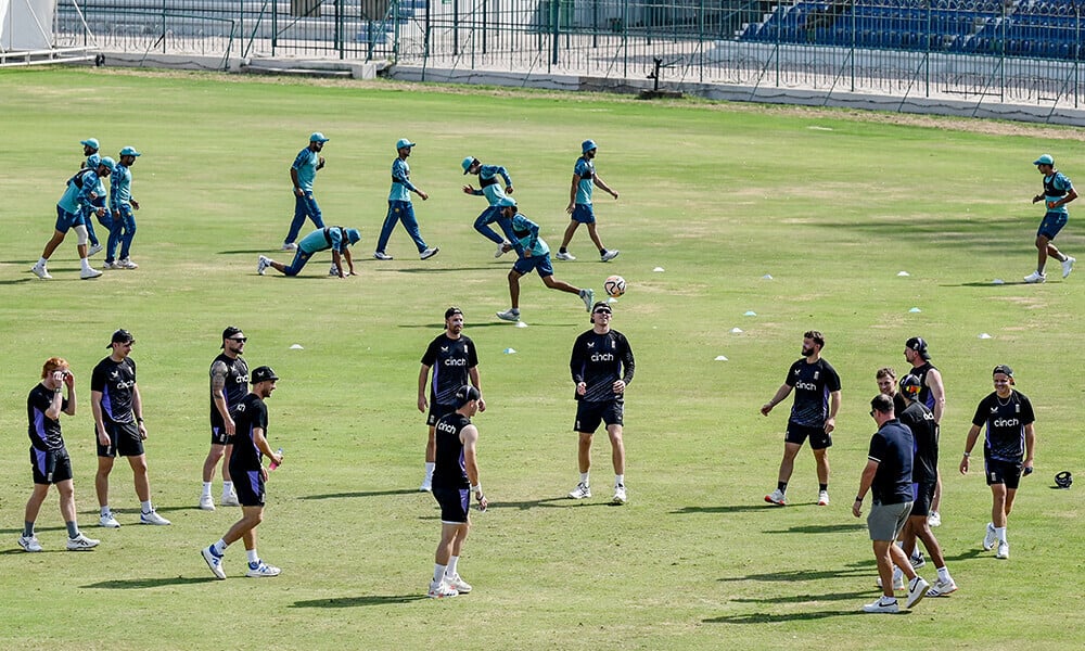 england front and pakistan teams attend a practice session ahead of their first test cricket match at the multan cricket stadium in multan on october 5 2024 photo afp