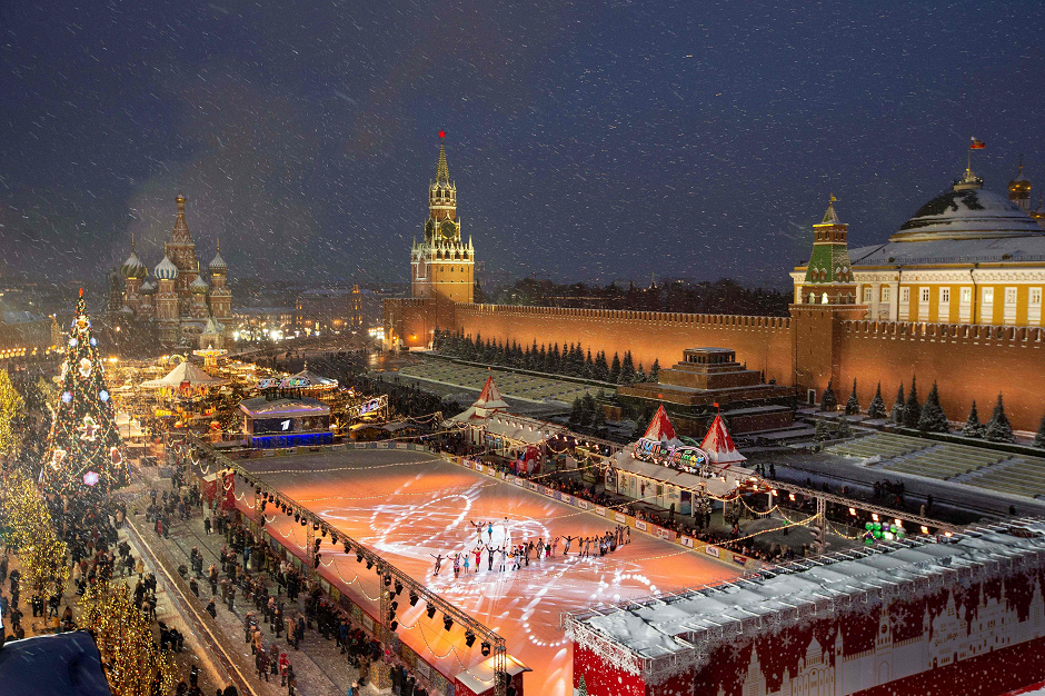 Red Square decorated for New Year celebrations is pictured from a roof of the Moscow GUM State Department store during Russian Figure Skating Olympics champion show 