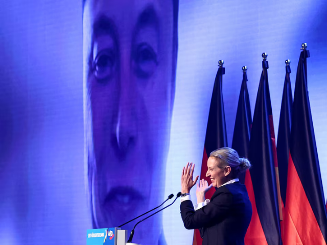 Photo:: Alice Weidel, co-leader of the Alternative for Germany party (AfD), claps as SpaceX CEO Elon Musk is seen on screen/Reuters