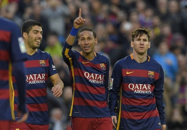 neymar c celebrates with luis suarez l and lionel messi r after scoring their third goal during fc barcelona vs real sociedad de futbol match at the camp nou stadium in barcelona on november 28 2015 photo afp neymar c celebrates with luis suarez l and lionel messi r after scoring their third goal during fc barcelona vs real sociedad de futbol match at the camp nou stadium in barcelona on november 28 2015 photo afp