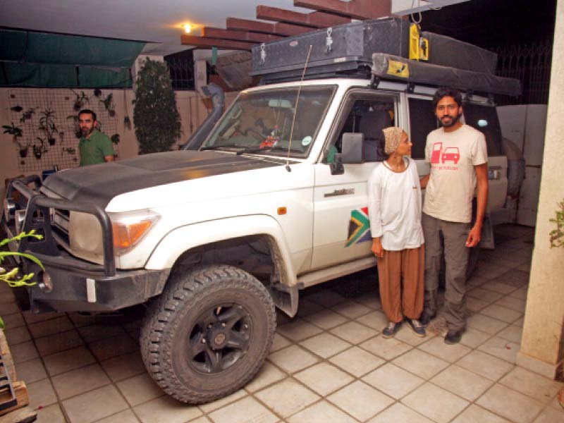 farhan ahmed khan and khairunnisa arrive in karachi on the 271st day of their overland journey which started on march 1 this year from johannesburg photo athar khan express