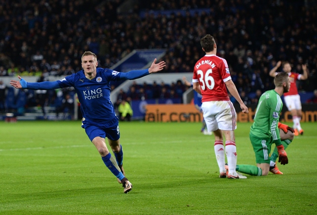 jamie vardy l celebrates after scoring during the english premier league football match between leicester city and manchester united at the king power stadium in leicester on november 28 2015 photo afp