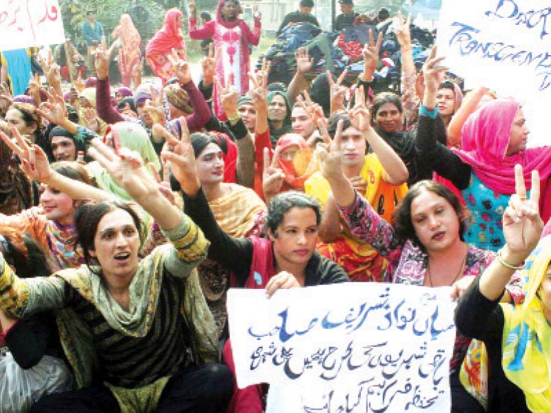 scores of transgender protesters chant slogans against the social welfare department photo ppi