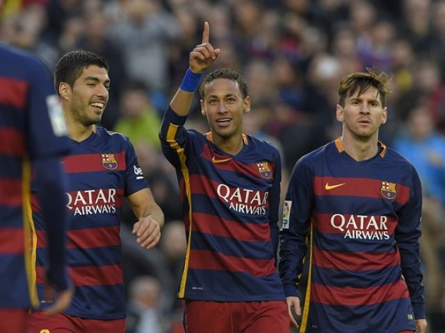 neymar c celebrates with luis suarez l and lionel messi r after scoring their third goal during fc barcelona vs real sociedad de futbol match at the camp nou stadium in barcelona on november 28 2015 photo afp neymar c celebrates with luis suarez l and lionel messi r after scoring their third goal during fc barcelona vs real sociedad de futbol match at the camp nou stadium in barcelona on november 28 2015 photo afp