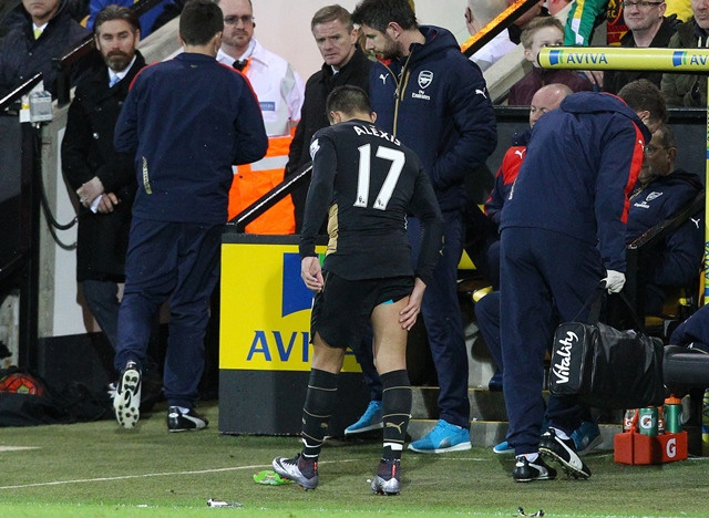 arsenal 039 s chilean striker alexis sanchez limps off the pitch holding his leg during the english premier league football match between norwich city and arsenal photo afp
