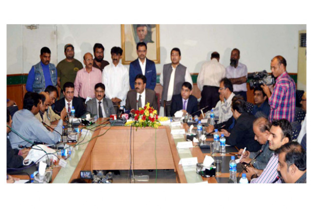 the newly appointed local government minister jam khan shoro addressing a press conference photo nni