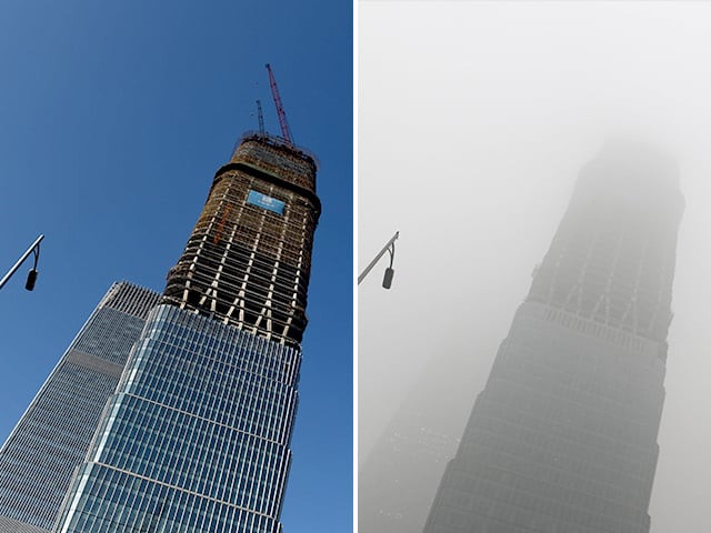 this combination image of two photographs taken on december 3 2015 l and two days earlier on december 1 r shows a skyscraper under clear skies and in heavy pollution as seen in the central business district in beijing photo afp