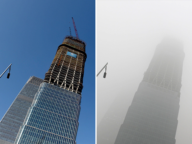 this combination image of two photographs taken on december 3 2015 l and two days earlier on december 1 r shows a skyscraper under clear skies and in heavy pollution as seen in the central business district in beijing photo afp