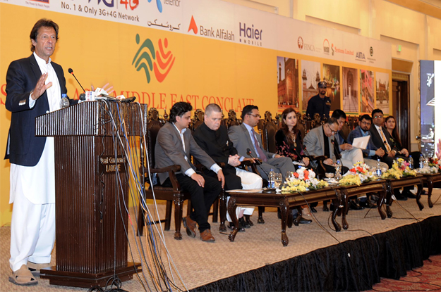 pakistan tehreek e insaf pti chief imran khan addressing the south asia middle east conclave session on thursday photo express