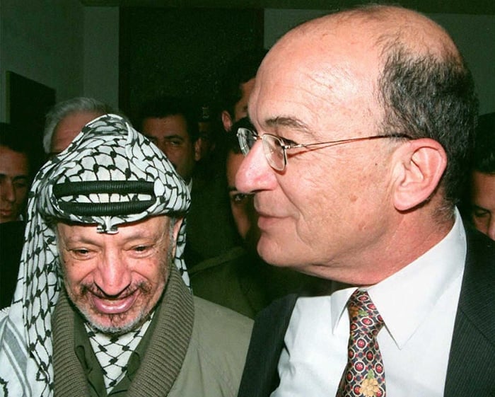 a file picture taken on march 20 1996 shows then israeli environment minister yossi sarid r with the late palestinian president yasser arafat photo afp