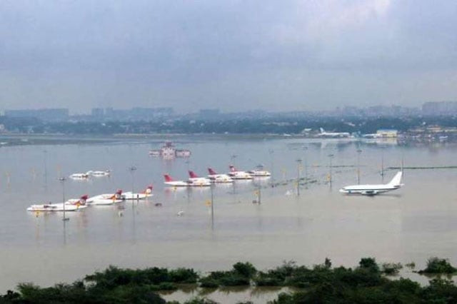 this photograph released by the press information bureau on december 2 2015 shows an aerial view of the submerged chennai airport taken from an indian air force helicopter photo afp this photograph released by the press information bureau on december 2 2015 shows an aerial view of the submerged chennai airport taken from an indian air force helicopter photo afp