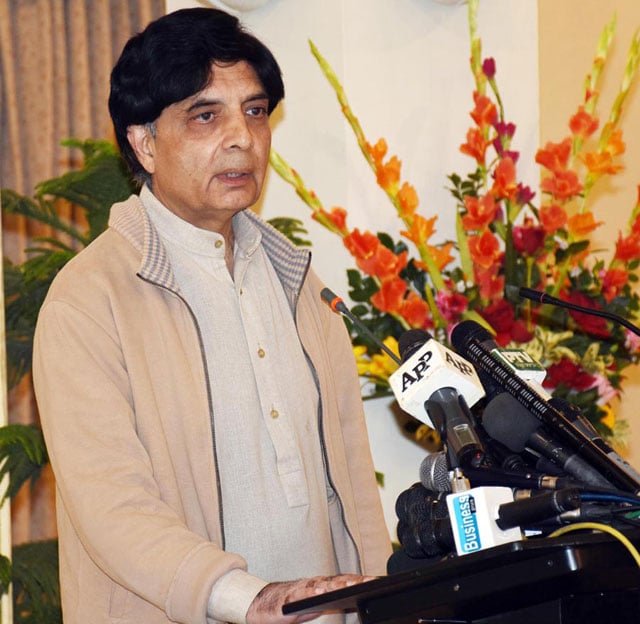 interior minister chaudhry nisar ali khan addressing a press conference at punjab house in islamabad on december 6 2015 photo pid