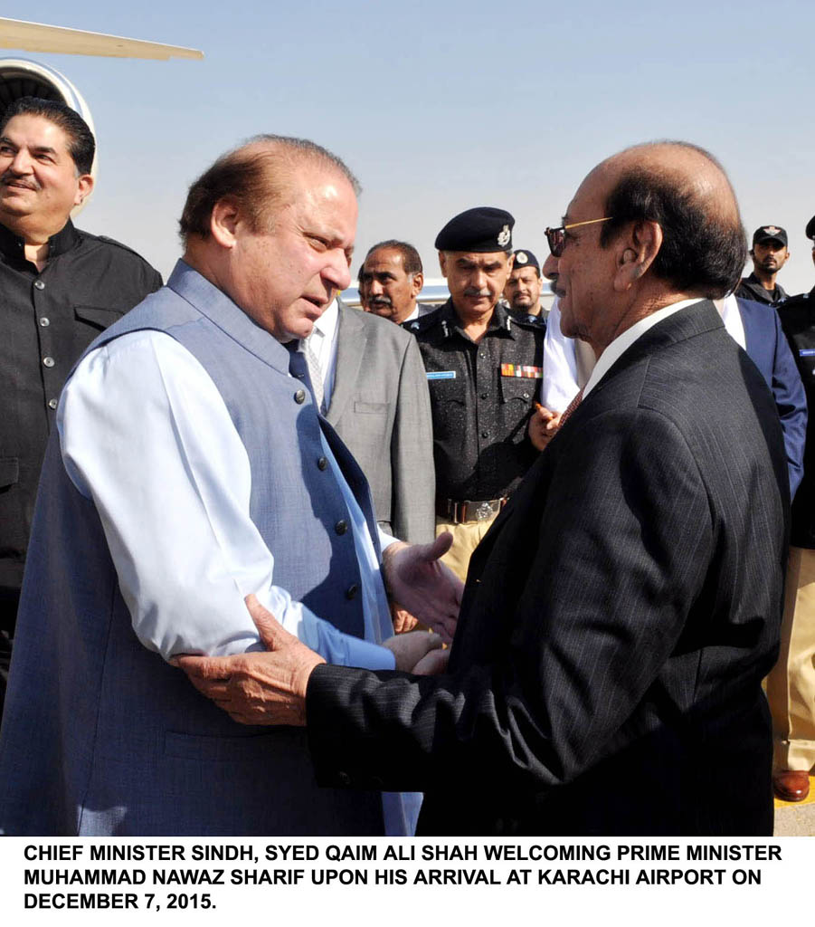 sindh chief minister syed qaim ali shah welcomes prime minister nawaz sharif at karachi airport on december 7 2015 photo pid