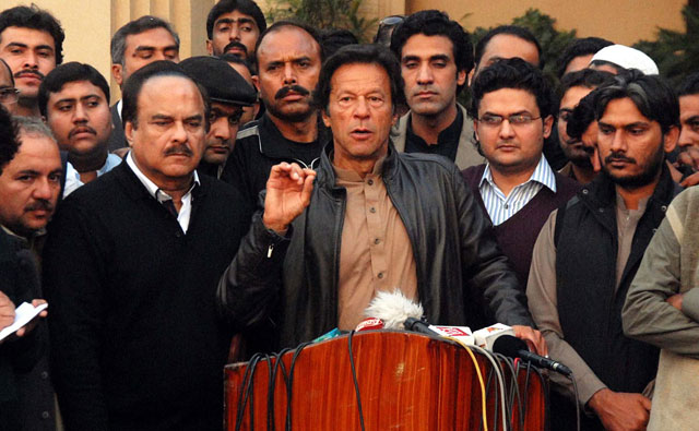 chairman pakistan tehreek e insaf imran khan talking to media in islamabad on december 7 2015 photo online