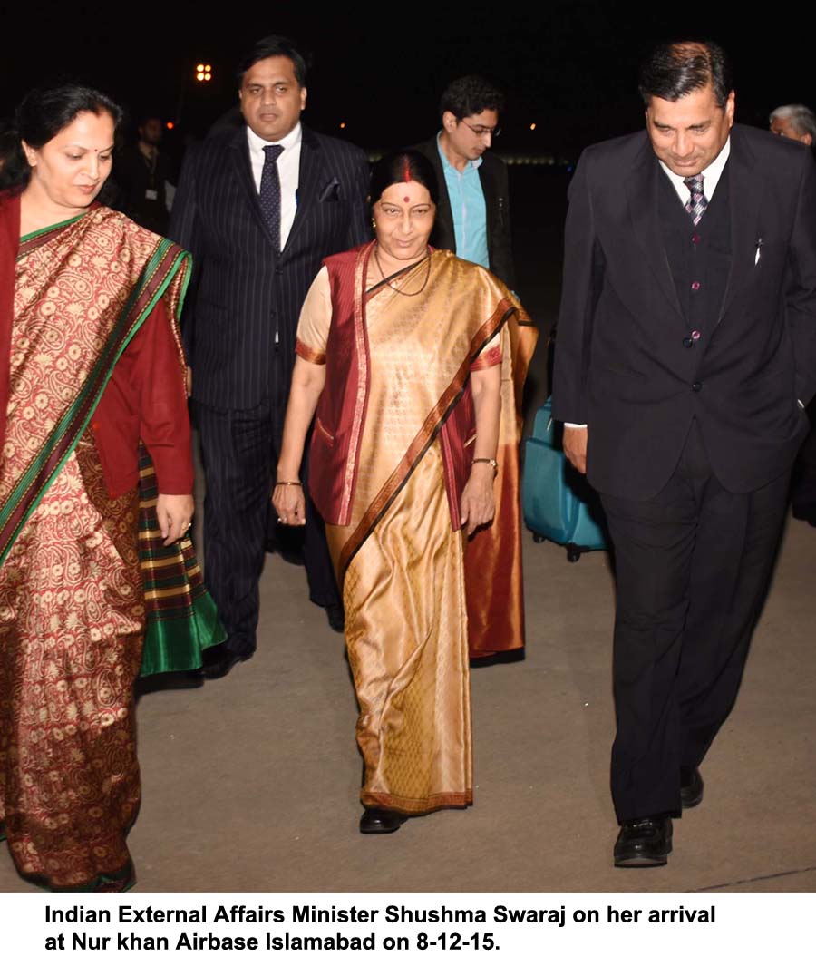 indian extrenal affairs minister sushma swaraj arrives in islamabad at the nur khan airbase in islamabad on december 8 2015 photo pid