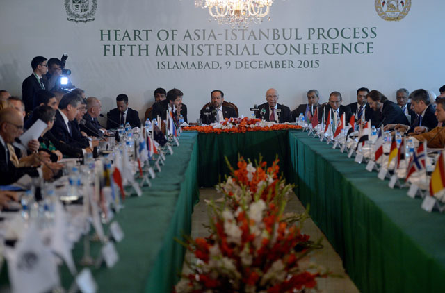 prime minister 039 s national security adviser sartaj aziz c r afghan foreign minister salahuddin rabbani c l and other countries 039 delegates attend the first day of the heart of asia conference in islamabad on december 9 2015 photo afp