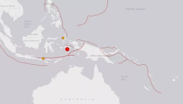the quake epicentre marked in red was 174 km southeast of the island of ambon source usgs the quake epicentre marked in red was 174 km southeast of the island of ambon source usgs