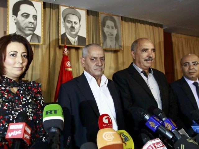 president of the tunisian employers union wided bouchamaoui secretary general of the tunisian general labour union houcine abassi president of the tunisian human rights league abdessattar ben moussa and the president of the national bar association mohamed fadhel mahmoud l r photo reuters