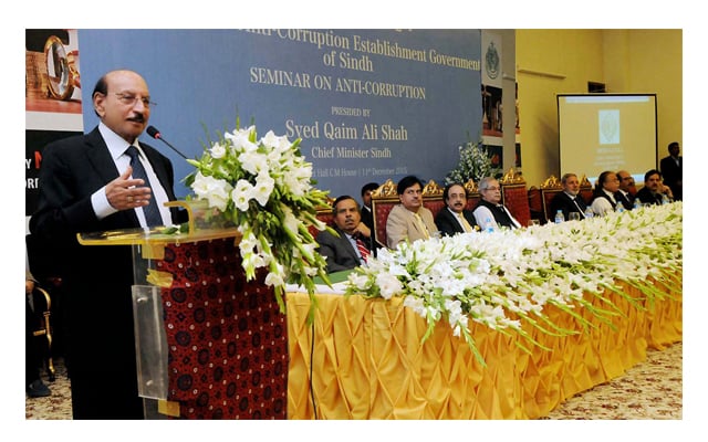 cm sindh speaking at a seminar organised by the anti corruption establishment ace at cm house photo nni