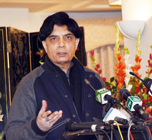 interior minister chaudhry nisar ali khan addressing a press conference at punjab house in islamabad on december 12 2015 photo pid