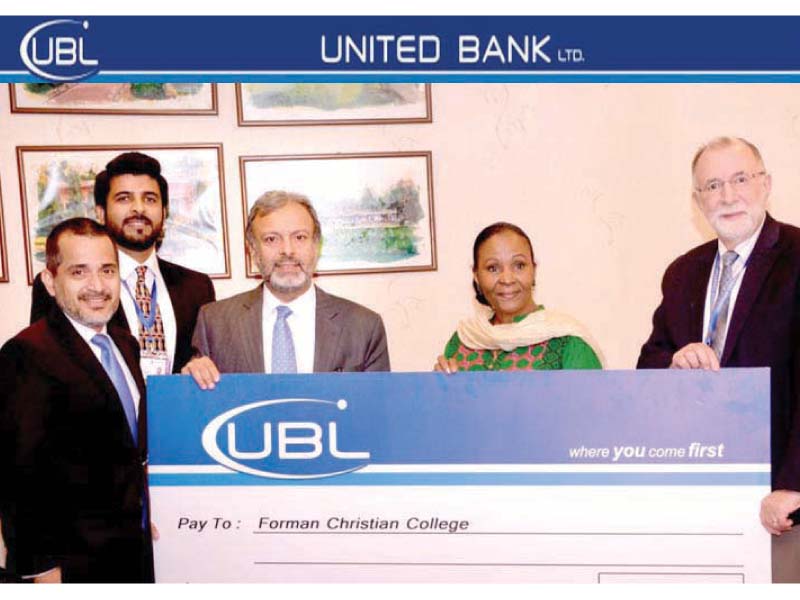 seen in the picture is ali habib head corporate affairs amp marketing ubl presenting the cheque to dr james tebbe rector fcc extreme right also seen in the picture are shahzad iqbal gm central north ubl bilal alauddin director corporate relations fcc and yvette m jones chief advancement officer fcc