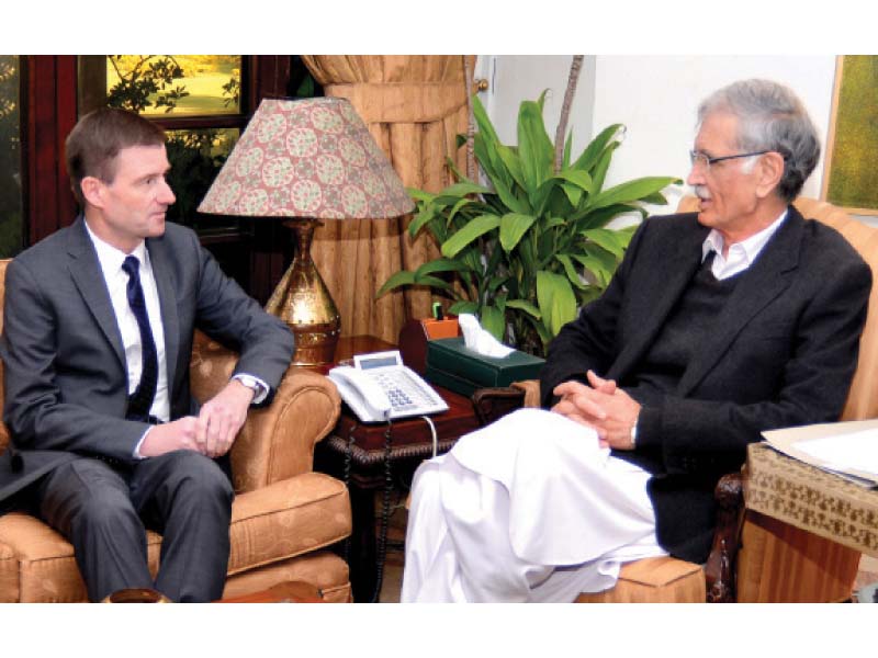 us ambassador to pakistan david hale left meets chief minister pervez khattak right photo inp