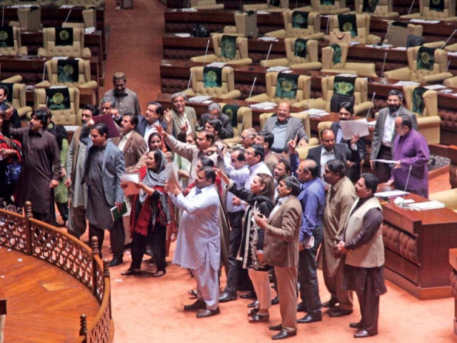 opposition members in sindh assembly protest over a resolution moved by the provincial government regarding special powers of the rangers photo express opposition members in sindh assembly protest over a resolution moved by the provincial government regarding special powers of the rangers photo express