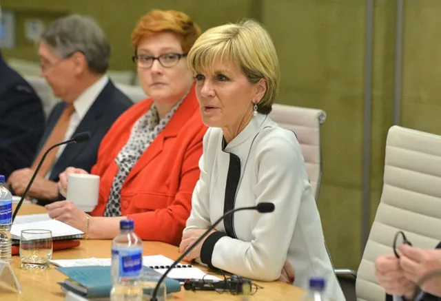 australian foreign minister julie bishop r speaks during a meeting next to defence minister marise payne in sydney in november 2015 photo afp