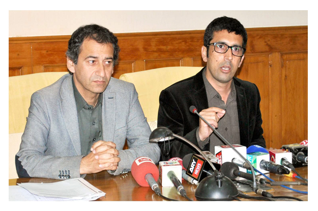 provincial ministers shahram khan and atif khan addressing a joint press conference photo express