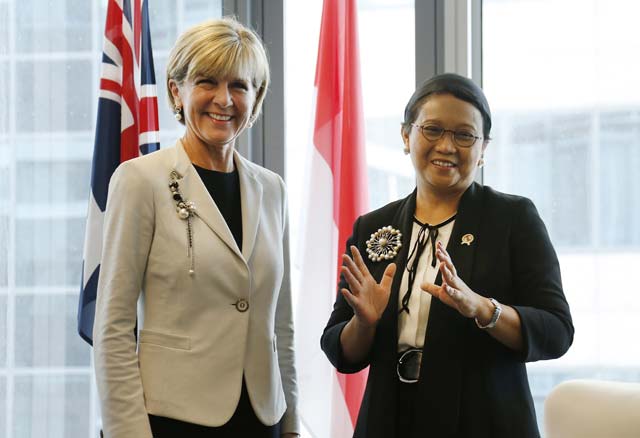 australian foreign minister julie bishop l meets with indonesian foreign minister retno marsudi r during the third australia   indonesia 2 2 defense and foreign ministers meeting in sydney on december 21 2015 indonesian police have foiled a major terror plot with the arrest of several men allegedly linked to a planned suicide bombing in jakarta during new year celebrations according to documents seen on december 20 2015 photo afp