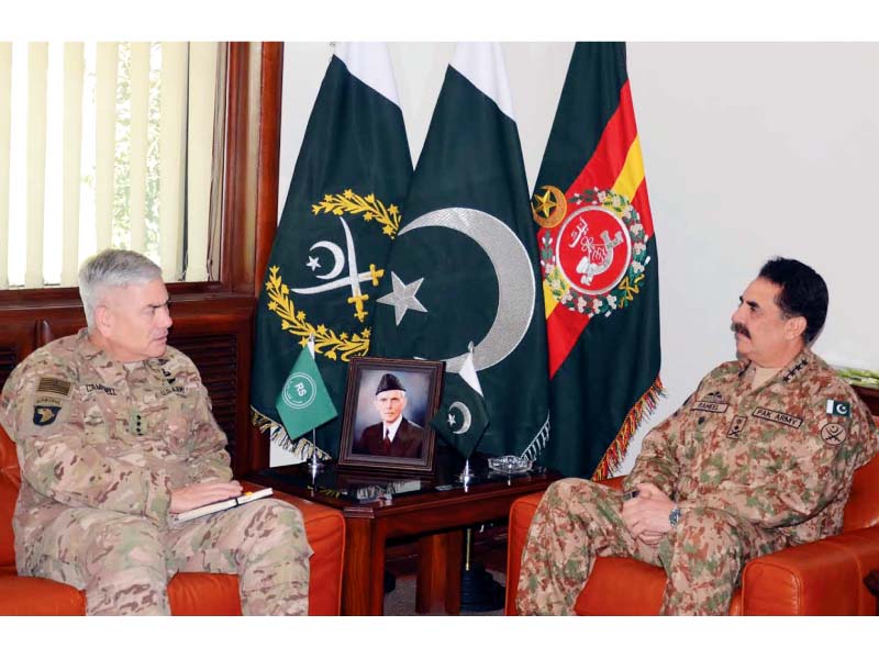 commander of nato s resolute support mission and us troops in afghanistan general john campbell talks with army chief general raheel sharif at ghq photo ppi
