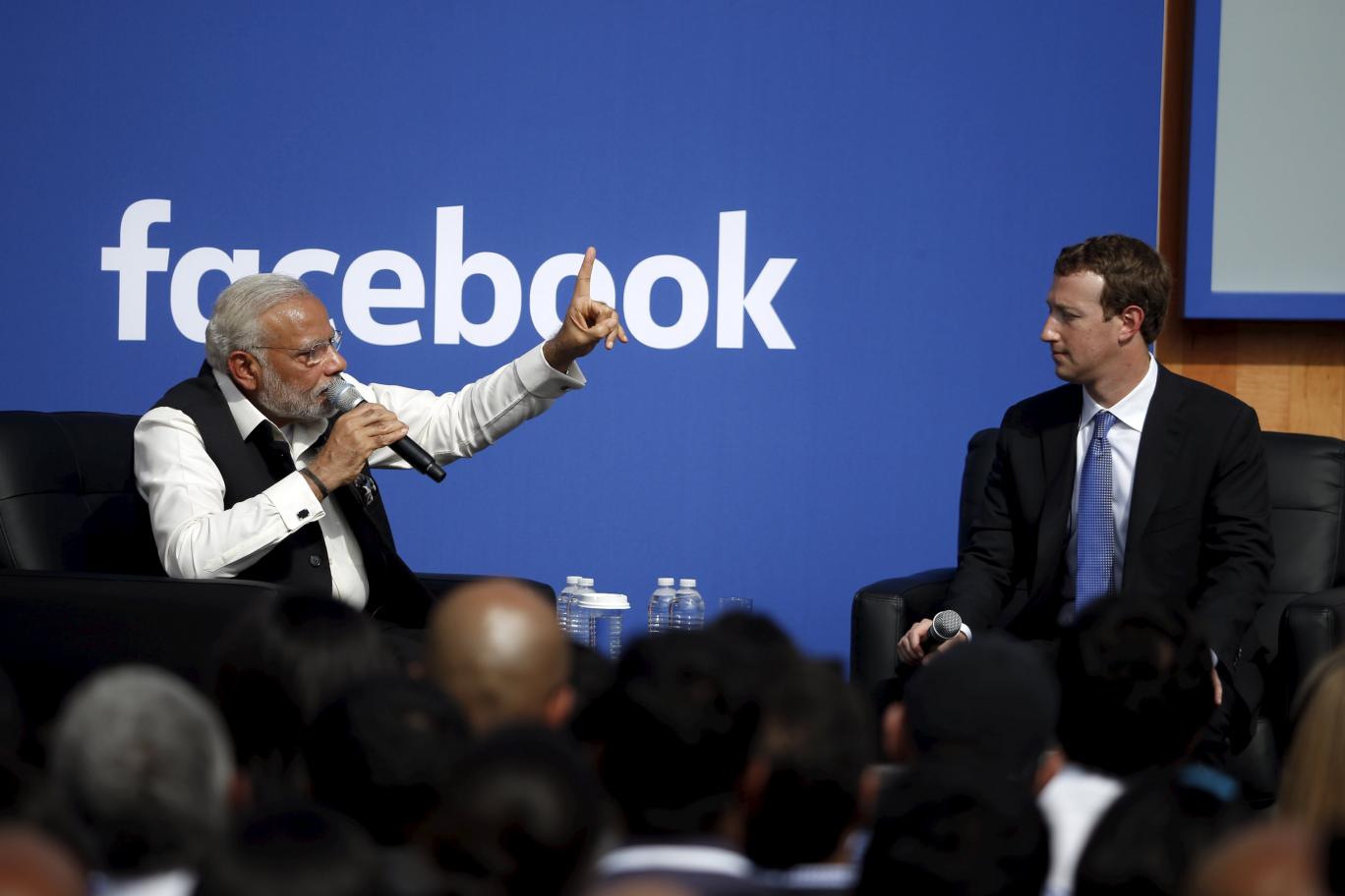 indian prime minister narendra modi and facebook ceo mark zuckerberg have a conversation on stage during a town hall at facebook 039 s headquarters in menlo park california on september 27 2015 photo reuters