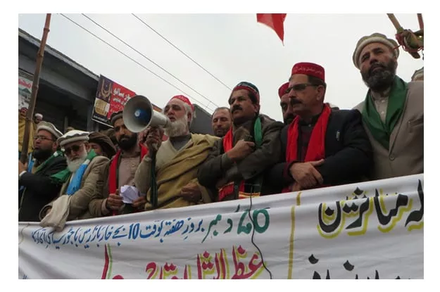 political leaders addressing a public gathering held in khar bajaur agency against the fcr photo express