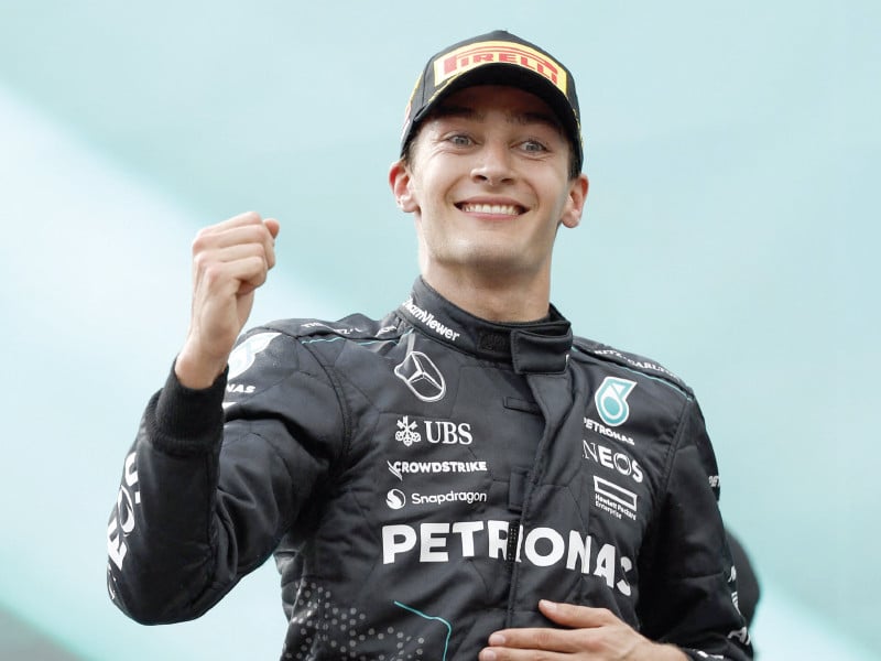 winner mercedes british driver george russell reacts after the formula one austrian grand prix on the red bull ring race track in spielberg austria photo afp