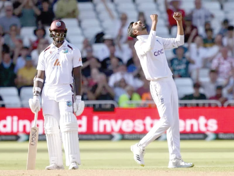 england s shoaib bashir r celebrates dismissing west indies no 11 shamar joseph to seal a 241 run win in the second test at trent bridge photo afp