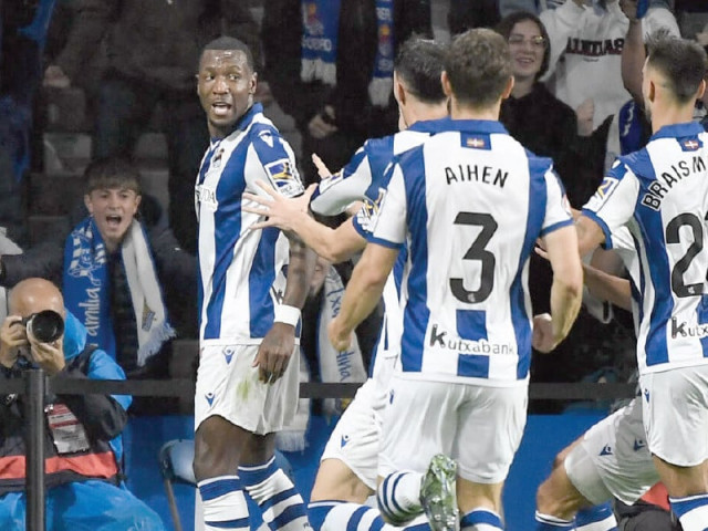 real sociedad forward sheraldo becker l celebrates with teammates after scoring against barcelona photo afp real sociedad forward sheraldo becker l celebrates with teammates after scoring against barcelona photo afp