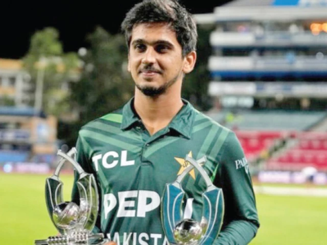brilliant young pakistani opener saim ayub holds his man of the match and man of the series trophies after odi series win over south africa on sunday photo afp brilliant young pakistani opener saim ayub holds his man of the match and man of the series trophies after odi series win over south africa on sunday photo afp