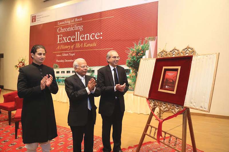 sibtain naqvi left has penned down the chronicles of iba karachi dr ishrat husain middle unveils the book along with chief guest justice munib akhtar photo press release