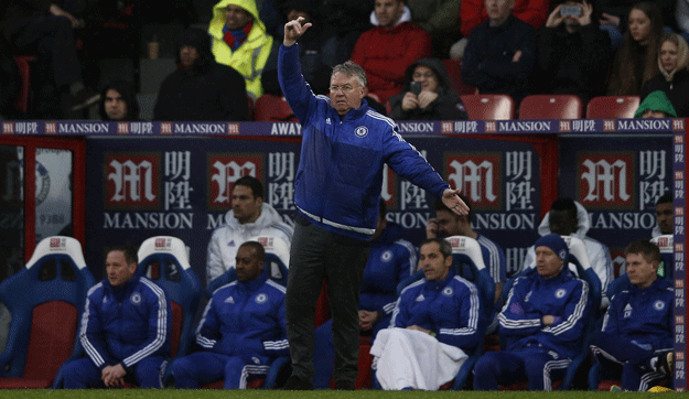 guus hiddink c shouts instructions to his players from the touchline during match between crystal palace and chelsea at selhurst park in south london on january 3 2016 photo afp