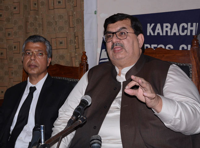 aqeel karim dhedhi addressing a press conference in karachi photo mohammad noman express