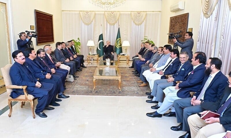 a delegation of the pakistan people s party led by chairman bilawal bhutto zardari calls on prime minister shehbaz sharif in islamabad on march 10 2025 courtesy pid