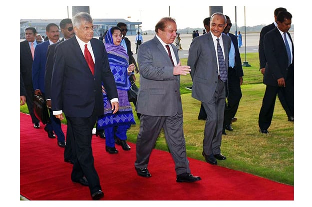 prime minister nawaz sharif was received by his sri lankan counterpart ranil wickremesinghe at colombo international airport photo online