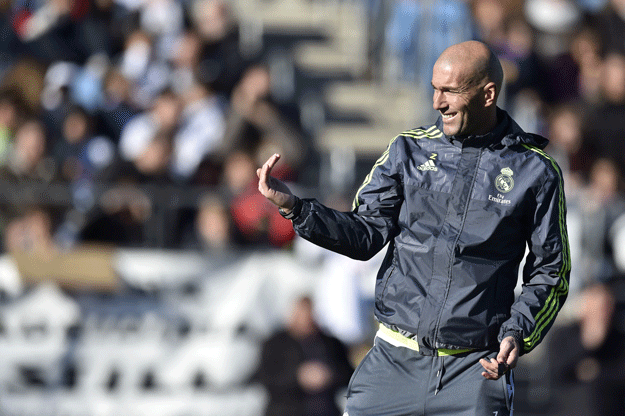 zinedine zidane gestures during his first training session as coach of real madrid at the alfredo di stefano stadium in valdebebas on the outskirts of madrid on january 5 2016 photo afp